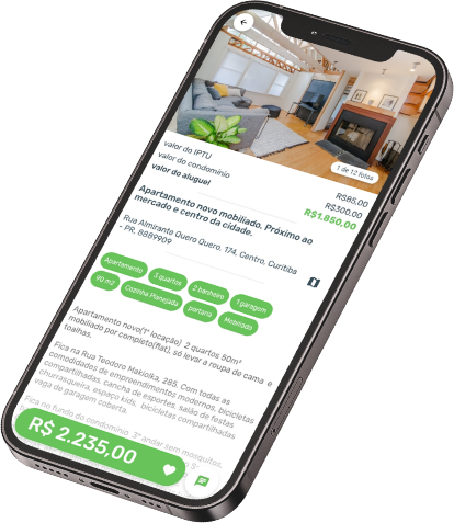 Celular com o aplicativo Quero Lar aberto, mostrando o perfil de imóvel anunciado: fotos, detalhes e valores