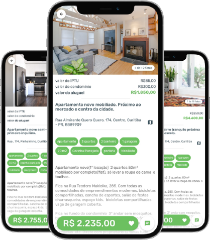 Celulares com o aplicativo Quero Lar aberto, mostrando os detalhes dos imóveis disponíveis.