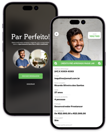 Dois celulares com o aplicativo da quelo lar. Um com a mensagem: Par Perfeito! E o outro com o perfil de um usuário.